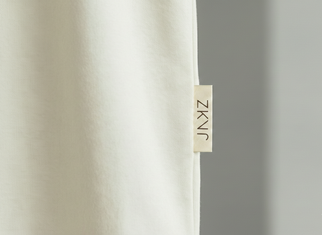 Close-up of ivory JKNZ T-shirt showing side seam and woven flag label detail
