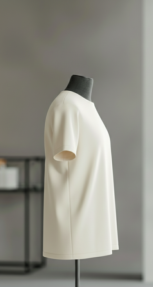 Ivory JKNZ T-shirt side view on black female mannequin