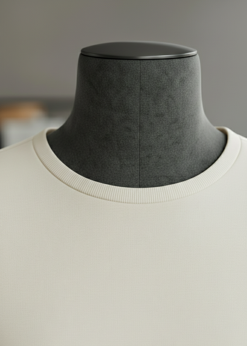 Close-up of ivory JKNZ T-shirt on black female mannequin showing collar and fabric texture